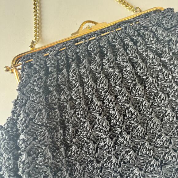Macrame or Knit Strawy Weave Evening Bag Purse Black Gold Chain Retro Glam - Picture 10 of 12